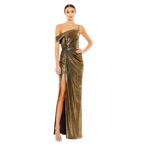 Ieena for Mac Duggal Womens Metallic Off the Shoulder Gold Gown Size 4 - Picture 1 of 13